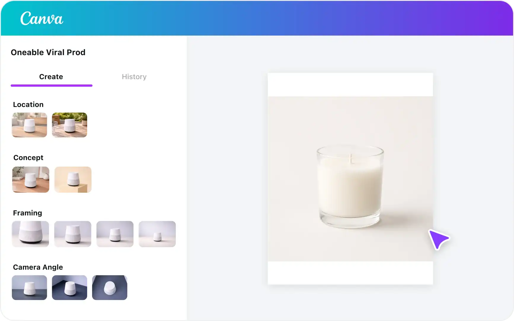 The Oneable AI app running inside the Canva editor, with style options on the left and a generated candle product image on the canvas