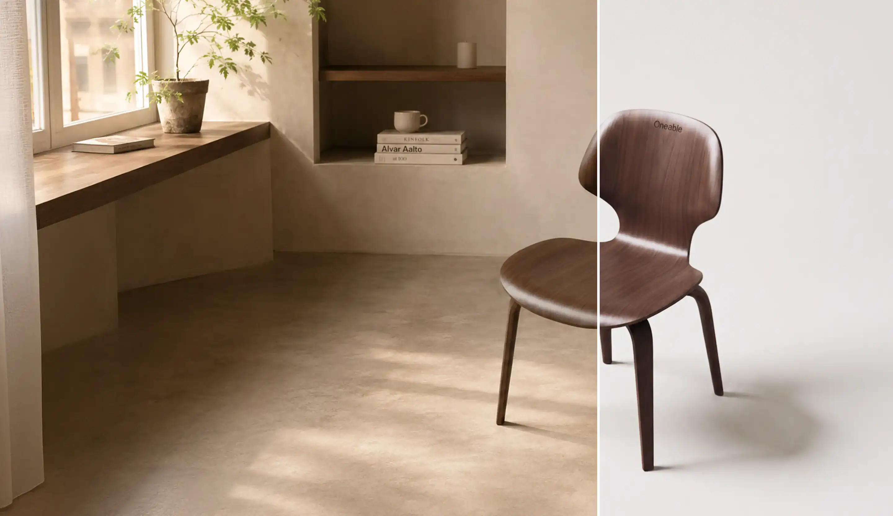 Before and after comparison: on the right, a plain product photo of a wooden chair on white; on the left, the same chair placed into a sunlit minimalist interior
